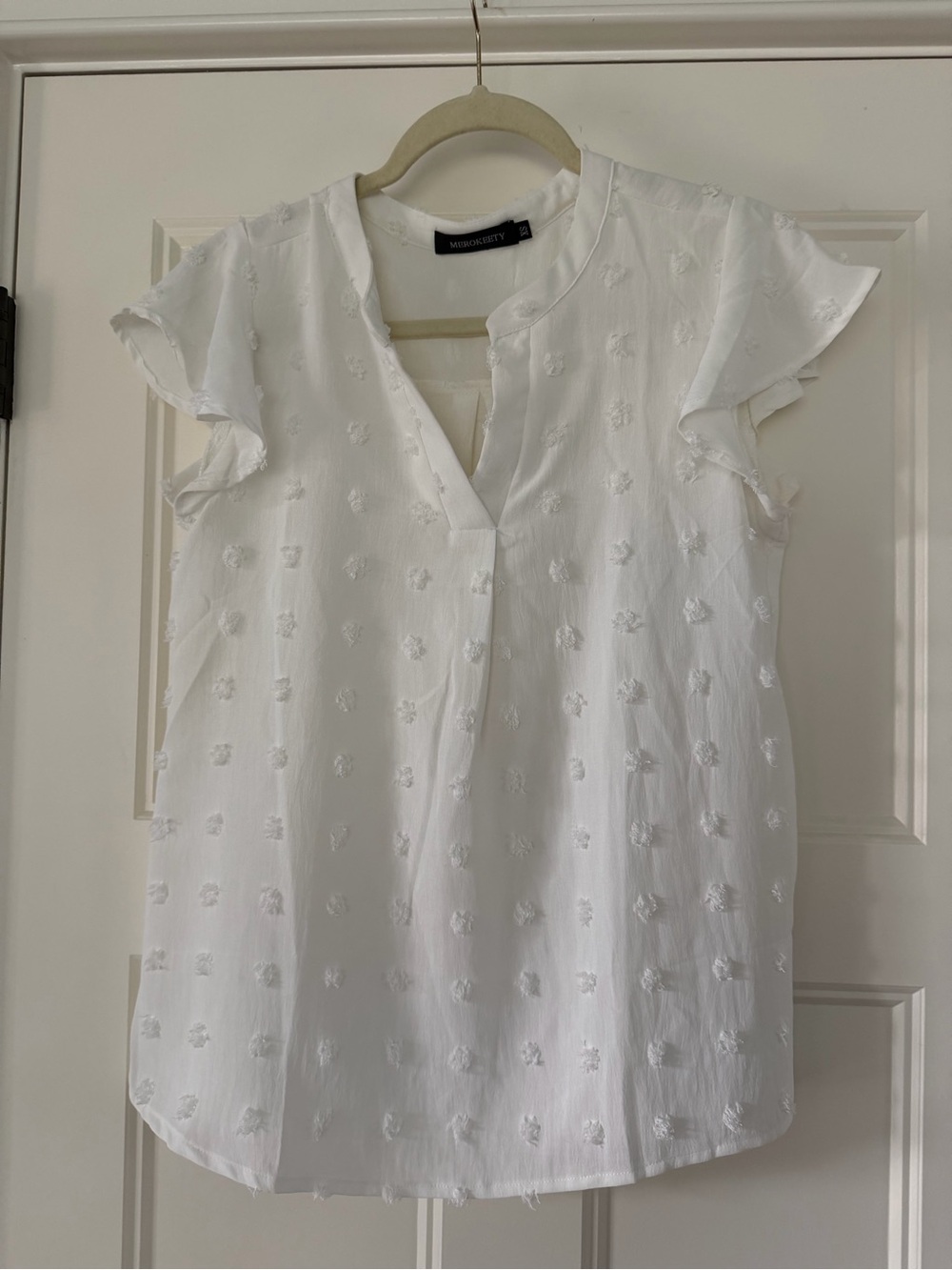 Merokeety White Swiss Dot V-neck Short-sleeve Blouse, XS